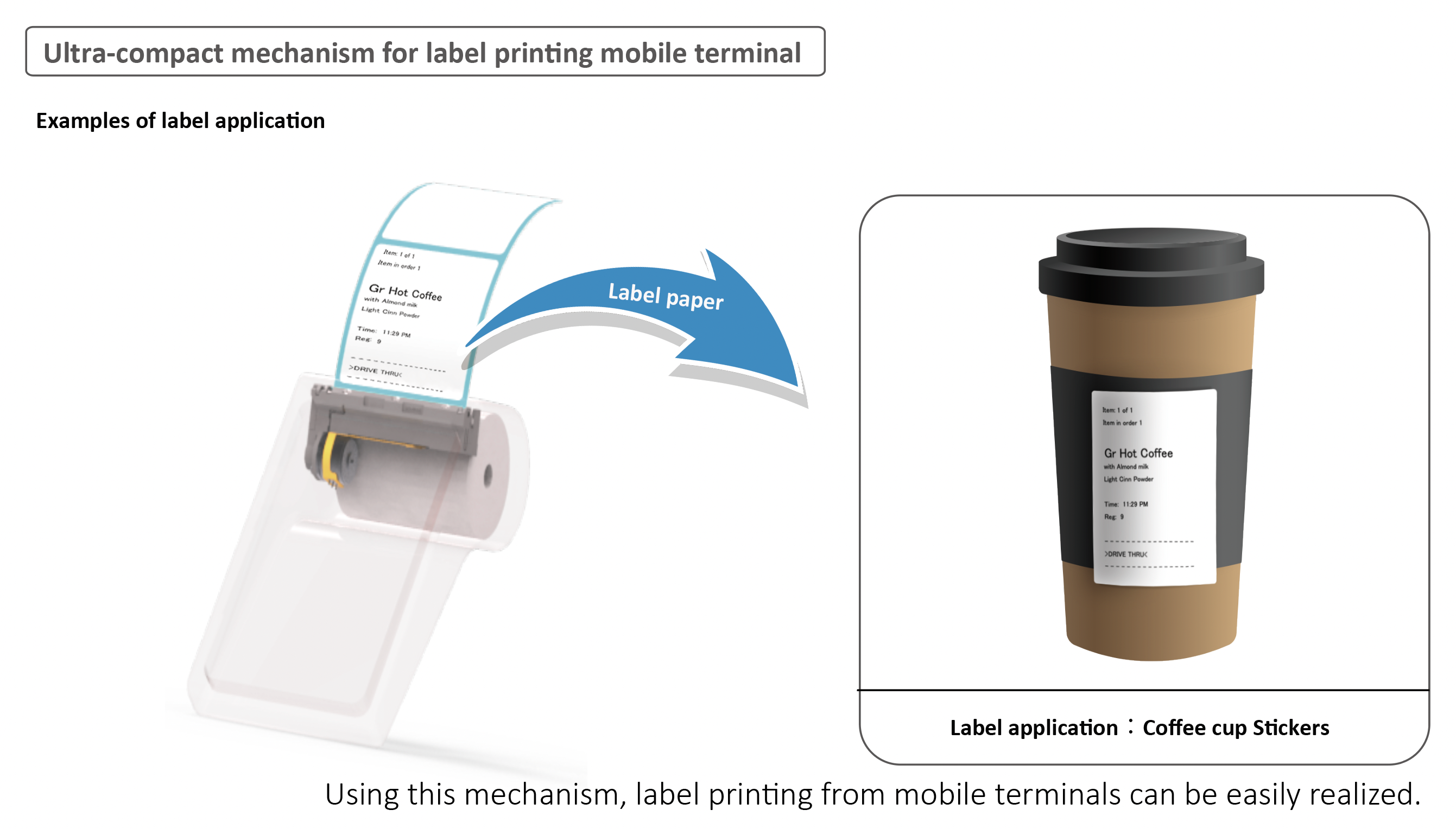 Ultra-compact mechanism for label printing mobile terminal